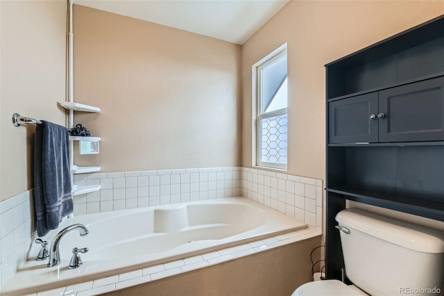 bathroom with a relaxing tiled tub and toilet