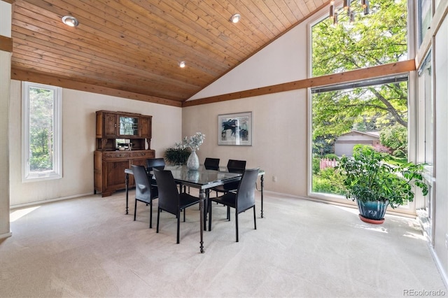 9113 E Evans Way, Denver, CO 80231 - dining space featuring high vaulted ceiling, light carpet, wood ceiling, baseboards, and recessed lighting