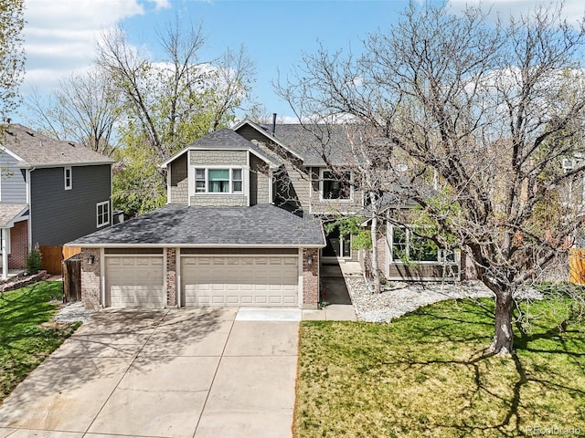 view of front of property featuring a shingled roof, concrete driveway, a front yard, and brick siding