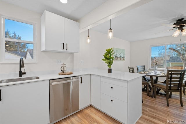 kitchen with pendant lighting, sink, dishwasher, white cabinetry, and kitchen peninsula