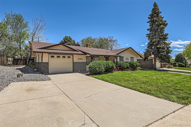 6436 Otis St, Arvada, CO 80003 - ranch-style house with a garage, concrete driveway, brick siding, and a chimney