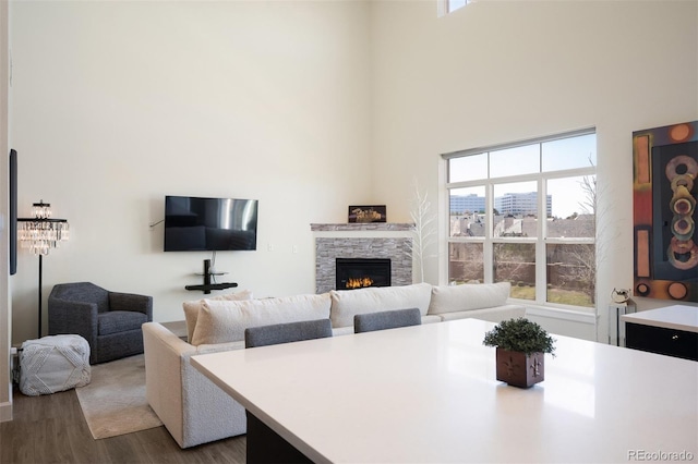living area with a towering ceiling, wood finished floors, and a fireplace
