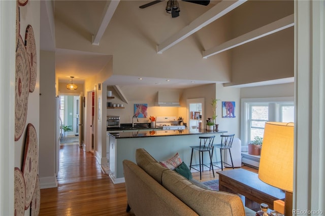 living area with wood finished floors, baseboards, a baseboard radiator, beam ceiling, and ceiling fan