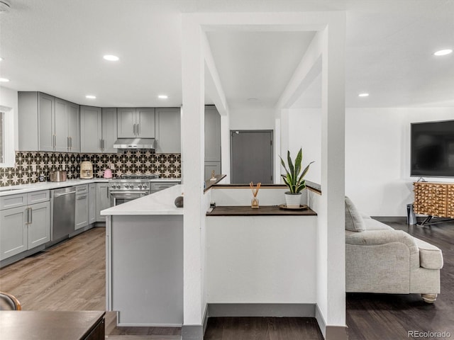 kitchen featuring stainless steel appliances, gray cabinets, under cabinet range hood, and wood finished floors