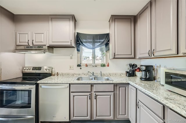 kitchen with gray cabinets, stainless steel appliances, extractor fan, and sink