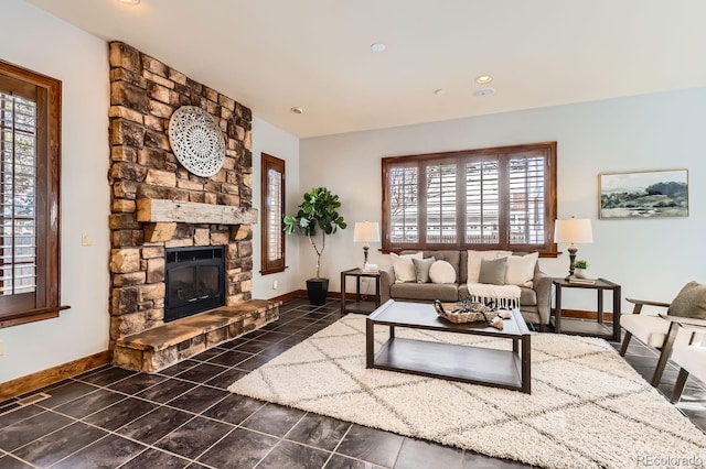 living room with a fireplace