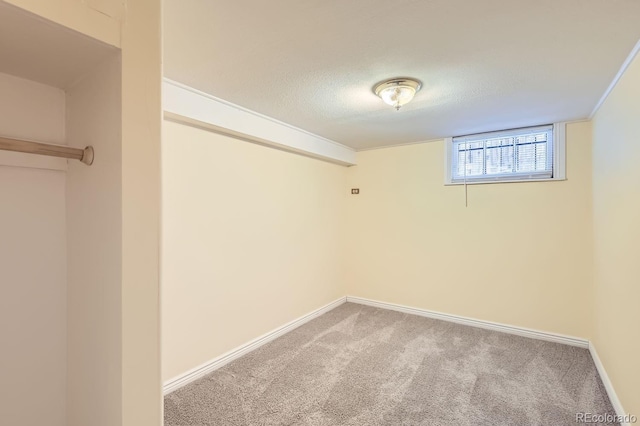 basement with a textured ceiling and carpet flooring