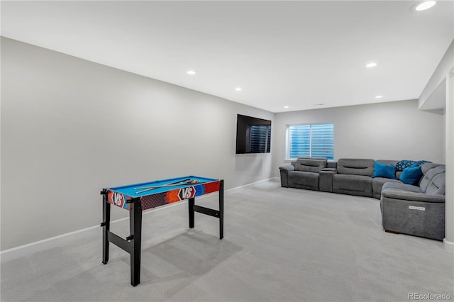 playroom featuring light colored carpet