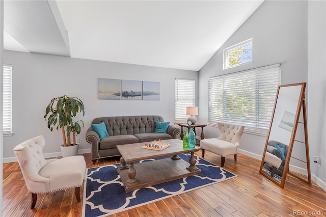 living room with wood-type flooring and high vaulted ceiling