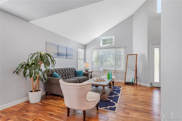 living room featuring hardwood / wood-style flooring and high vaulted ceiling