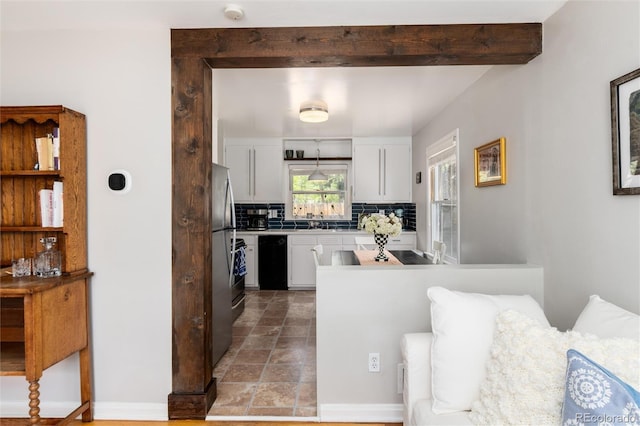 916 E Ln Salle St, Colorado Springs, CO 80907 - kitchen featuring black dishwasher, white cabinetry, backsplash, a peninsula, and light countertops