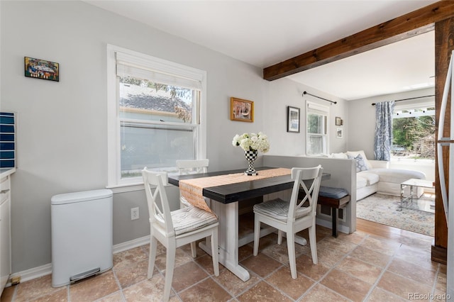 916 E Ln Salle St, Colorado Springs, CO 80907 - dining room featuring beamed ceiling, baseboards, and light stone finish floors