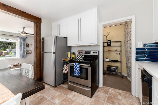 916 E Ln Salle St, Colorado Springs, CO 80907 - kitchen with stainless steel appliances, white cabinetry, light stone finish floors, light countertops, and a ceiling fan
