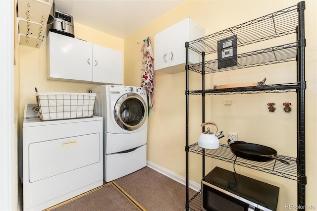 916 E Ln Salle St, Colorado Springs, CO 80907 - laundry room featuring cabinet space, washer and clothes dryer, baseboards, and dark carpet