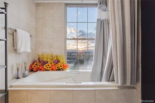 bathroom featuring separate shower and tub and a healthy amount of sunlight