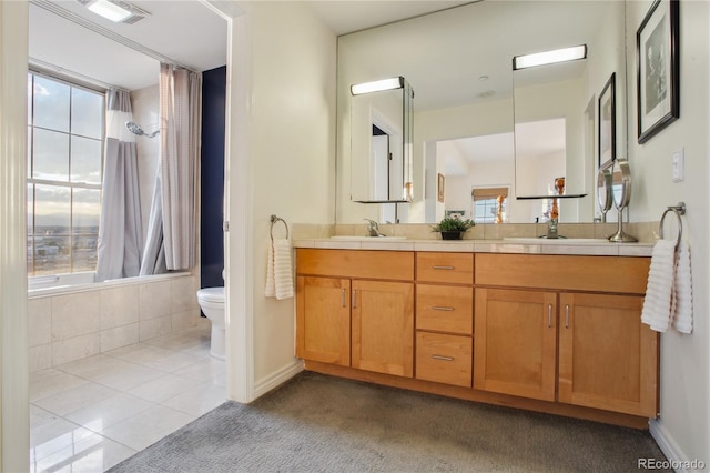 full bathroom with tile patterned flooring, vanity, toilet, and shower / tub combo with curtain