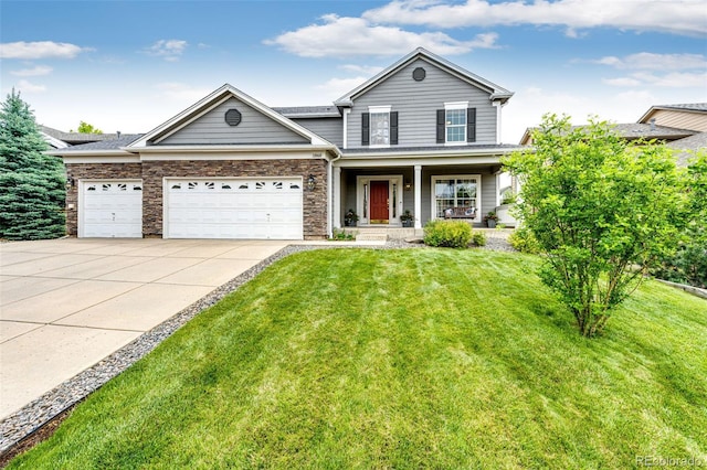 12000 Horseshoe Ln, Parker, CO 80138 - view of front facade featuring covered porch, a front yard, driveway, and a garage