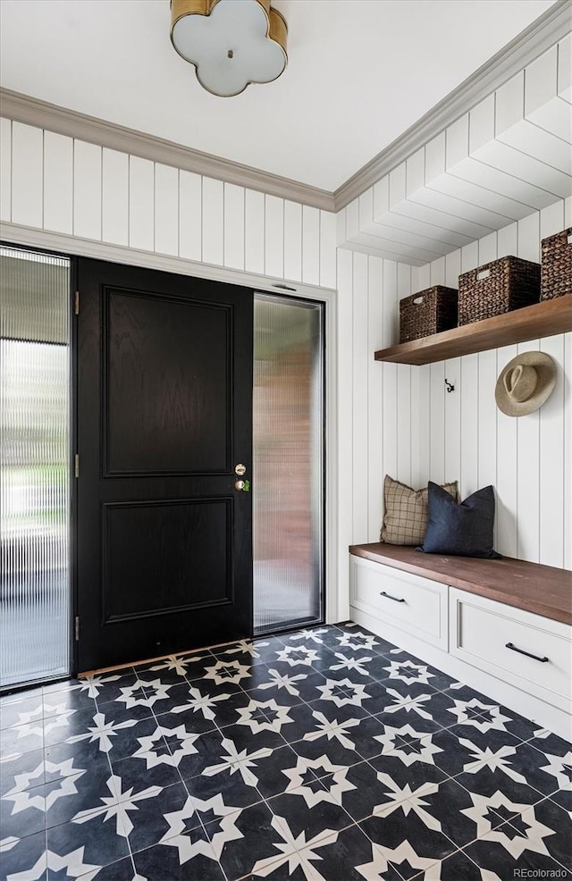 5290 Nassau Cir E, Cherry Hills Village, CO 80113 - mudroom featuring tile patterned floors and crown molding
