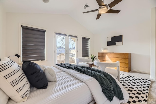 bedroom featuring french doors, lofted ceiling, carpet floors, ceiling fan, and access to exterior