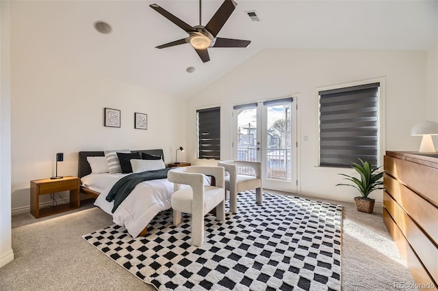 carpeted bedroom with lofted ceiling, access to exterior, and ceiling fan