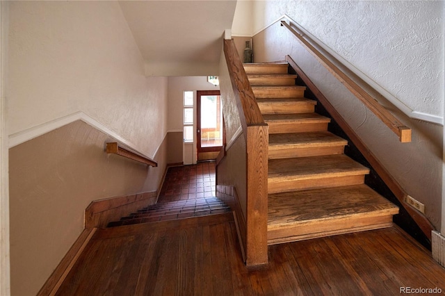 stairway with hardwood / wood-style flooring