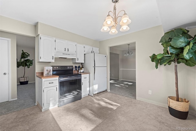 kitchen featuring light colored carpet, white fridge, pendant lighting, butcher block countertops, and electric range