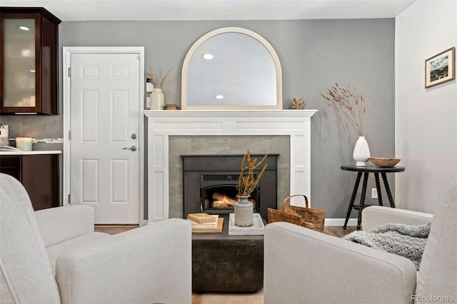 living room featuring a fireplace and light hardwood / wood-style flooring