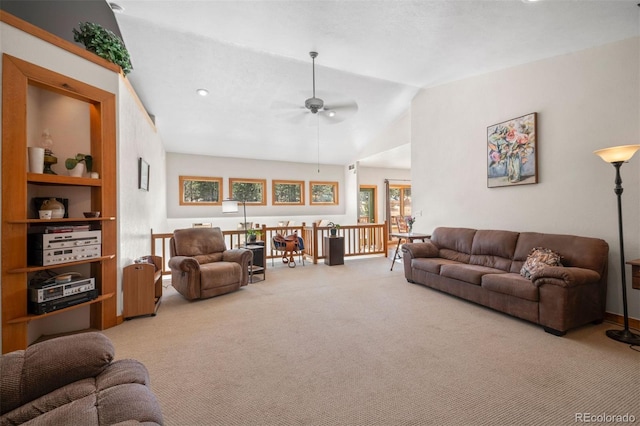 1740 County Road 72, Bailey, CO 80421 - living room with carpet, lofted ceiling, and a ceiling fan