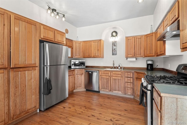1740 County Road 72, Bailey, CO 80421 - kitchen featuring a sink, brown cabinets, stainless steel appliances, light wood finished floors, and under cabinet range hood