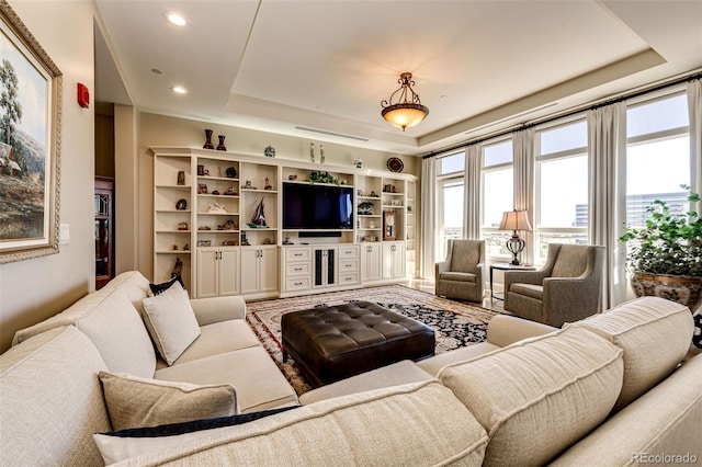 living room featuring a raised ceiling