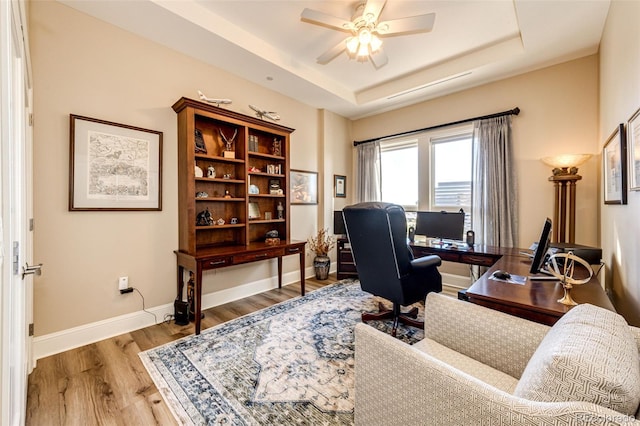 office space with ceiling fan, a tray ceiling, and light wood-type flooring