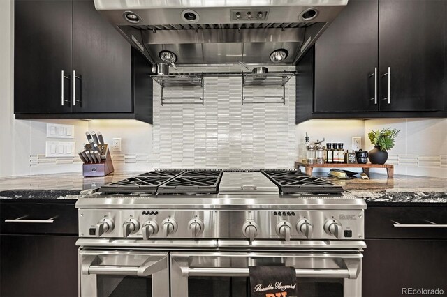 1287 Buffalo Ridge Rd, Castle Pines, CO 80108 - kitchen featuring double oven range, dark cabinets, tasteful backsplash, and light stone countertops