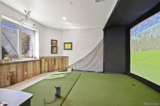 1287 Buffalo Ridge Rd, Castle Pines, CO 80108 - playroom featuring golf simulator, carpet floors, and a putting area