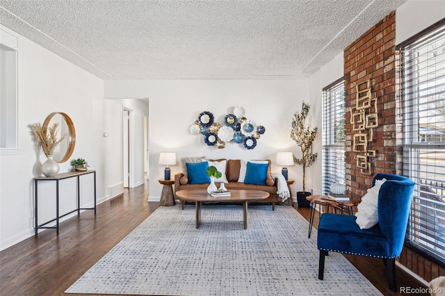 living room with a textured ceiling and dark hardwood / wood-style floors