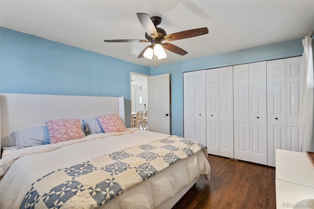 bedroom featuring a closet, dark wood-type flooring, and ceiling fan