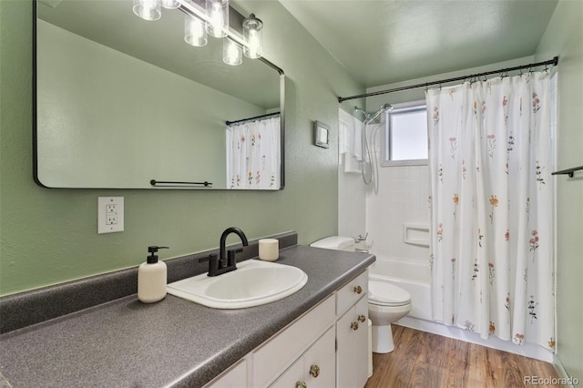 full bath featuring vanity, shower / tub combo, toilet, and wood finished floors