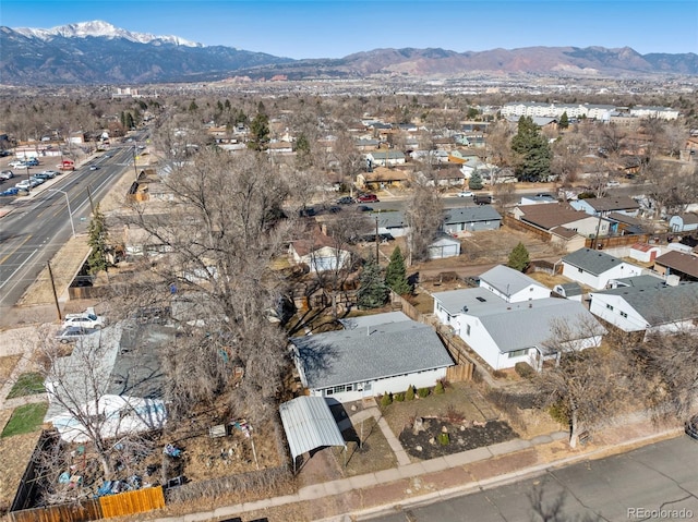 aerial view featuring a mountain view and a residential view