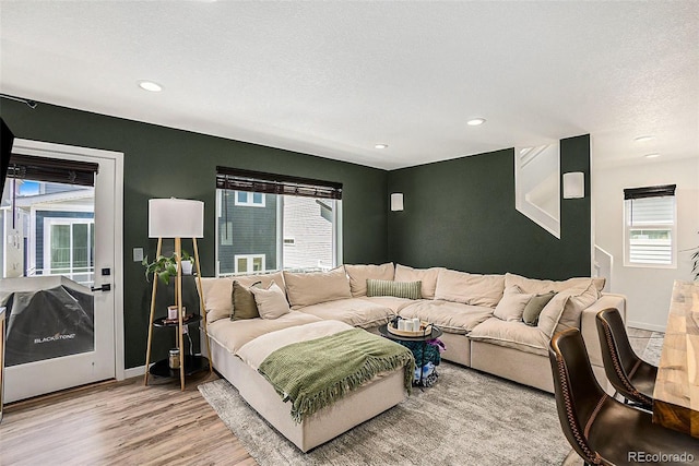 living room featuring a healthy amount of sunlight, a textured ceiling, baseboards, and wood finished floors