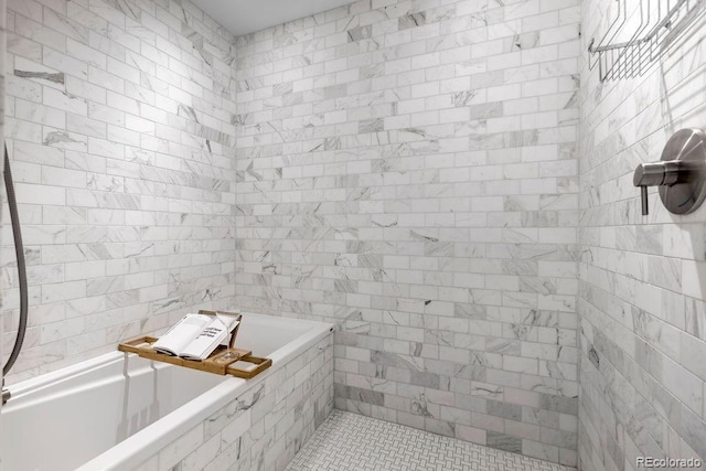 full bath featuring tiled bath, tiled shower, and tile walls