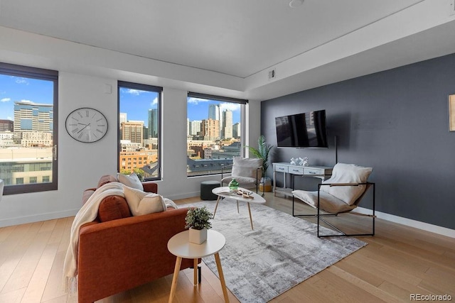 1750 Wewatta St Unit 830, Denver, CO 80202 - living room featuring wood finished floors and baseboards