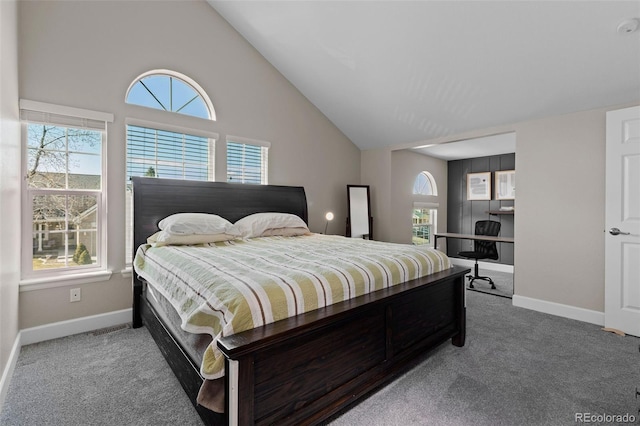 carpeted bedroom with multiple windows, baseboards, and high vaulted ceiling