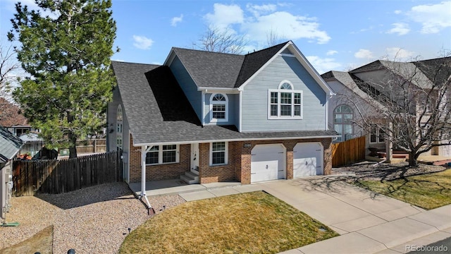 view of front of house with fence, roof with shingles, concrete driveway, a garage, and brick siding