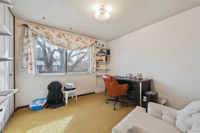 office area featuring light carpet, a textured ceiling, and baseboards