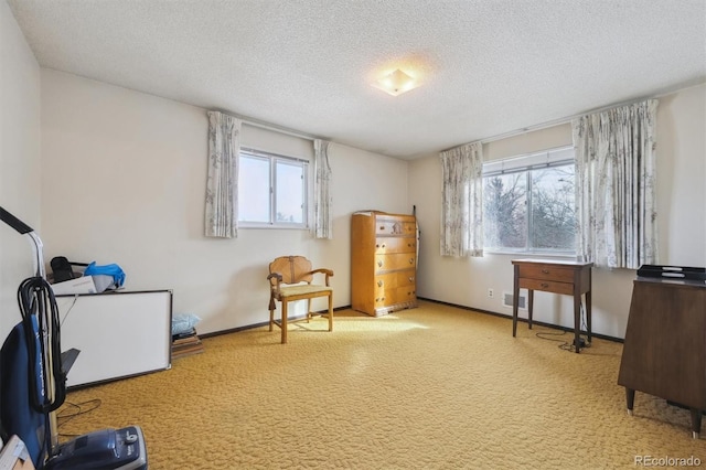 interior space featuring carpet flooring, visible vents, baseboards, and a textured ceiling