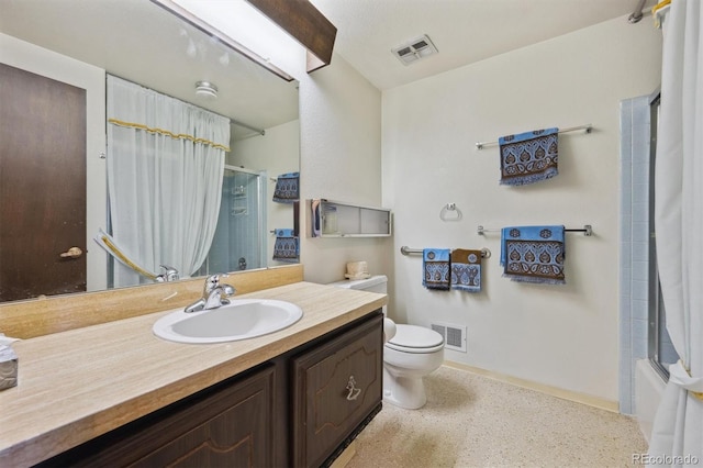 bathroom with visible vents, toilet, vanity, and baseboards