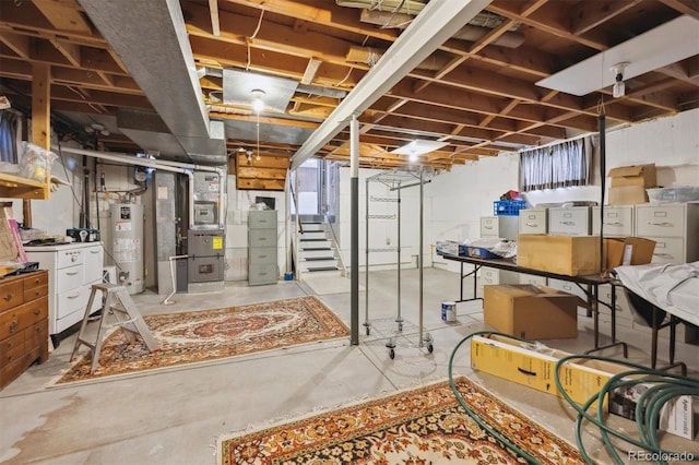 unfinished basement featuring water heater, heating unit, and stairs