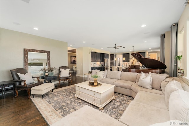 19429 W 88th Dr, Arvada, CO 80007 - living area with a ceiling fan, dark wood-style floors, and recessed lighting