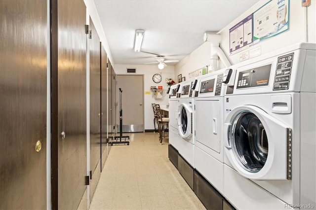 3082 S Wheeling Way Unit 202, Aurora, CO 80014 - shared laundry with washing machine and clothes dryer, ceiling fan, and light floors