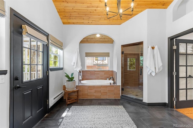 400 Holly St, Denver, CO 80220 - full bath featuring baseboard heating, wooden ceiling, a chandelier, a bath, and a stall shower