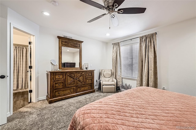 bedroom with ceiling fan and carpet